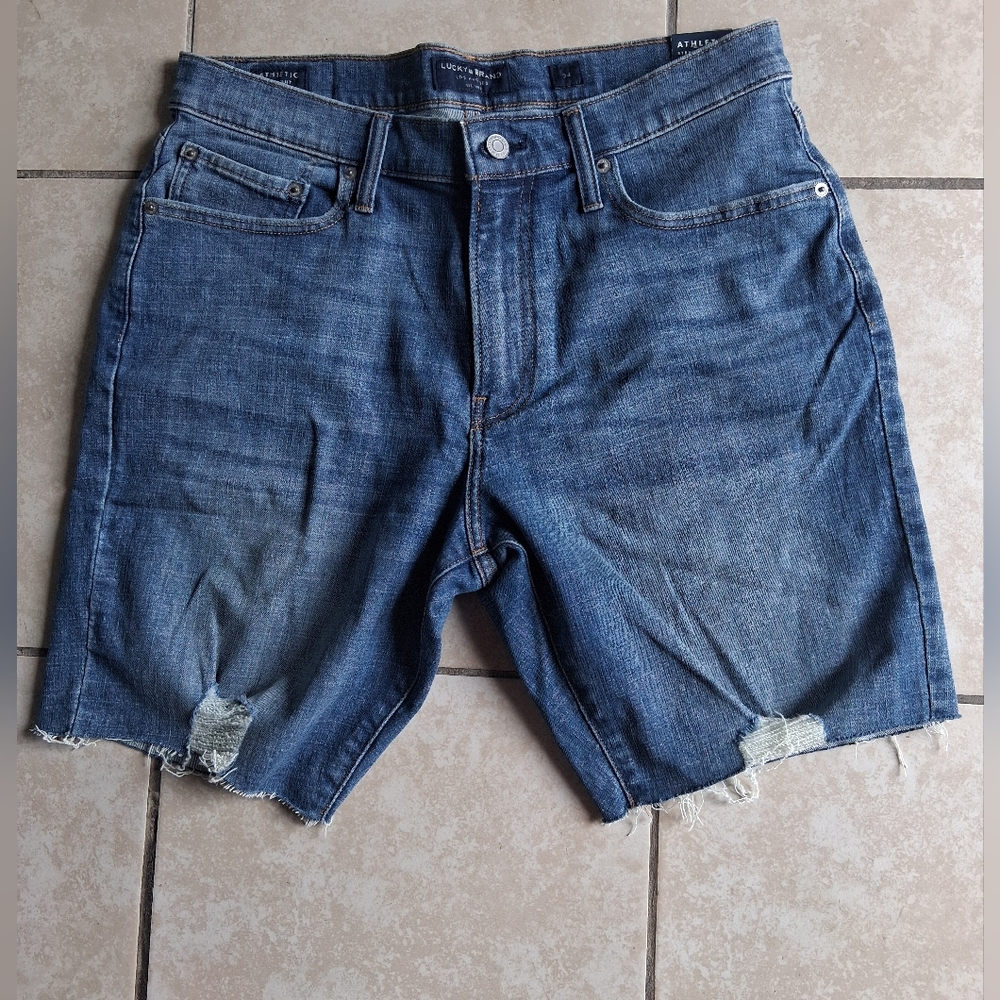 Lucky Brand  Athletic Straight  Blue Distressed Denim Shorts High Rise W34 NWT